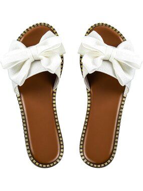 〽️Women White Bow Knot Strap Slides Open Toe Flat Slip On Faux Leather Slippers